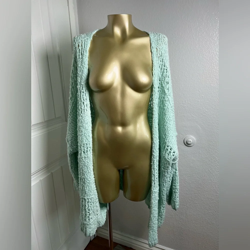 Free People Saturday Morning Oversized Mint Green Open-Knit Cardigan - Picture 4 of 7